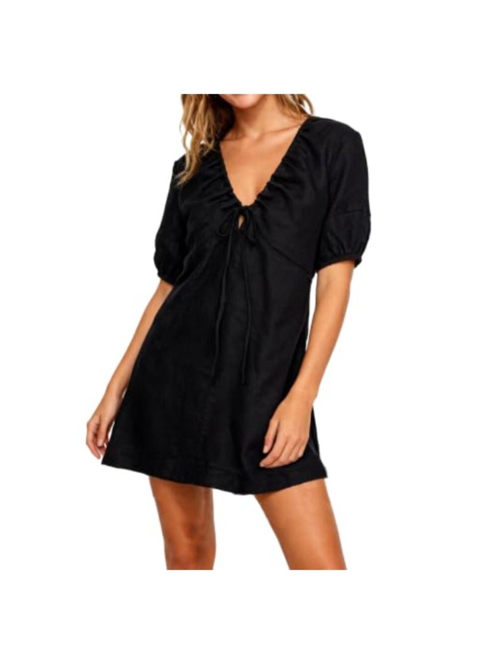 Women's 100% Linen Babydoll Mini Dress with V-Neck and Self-Tie Front